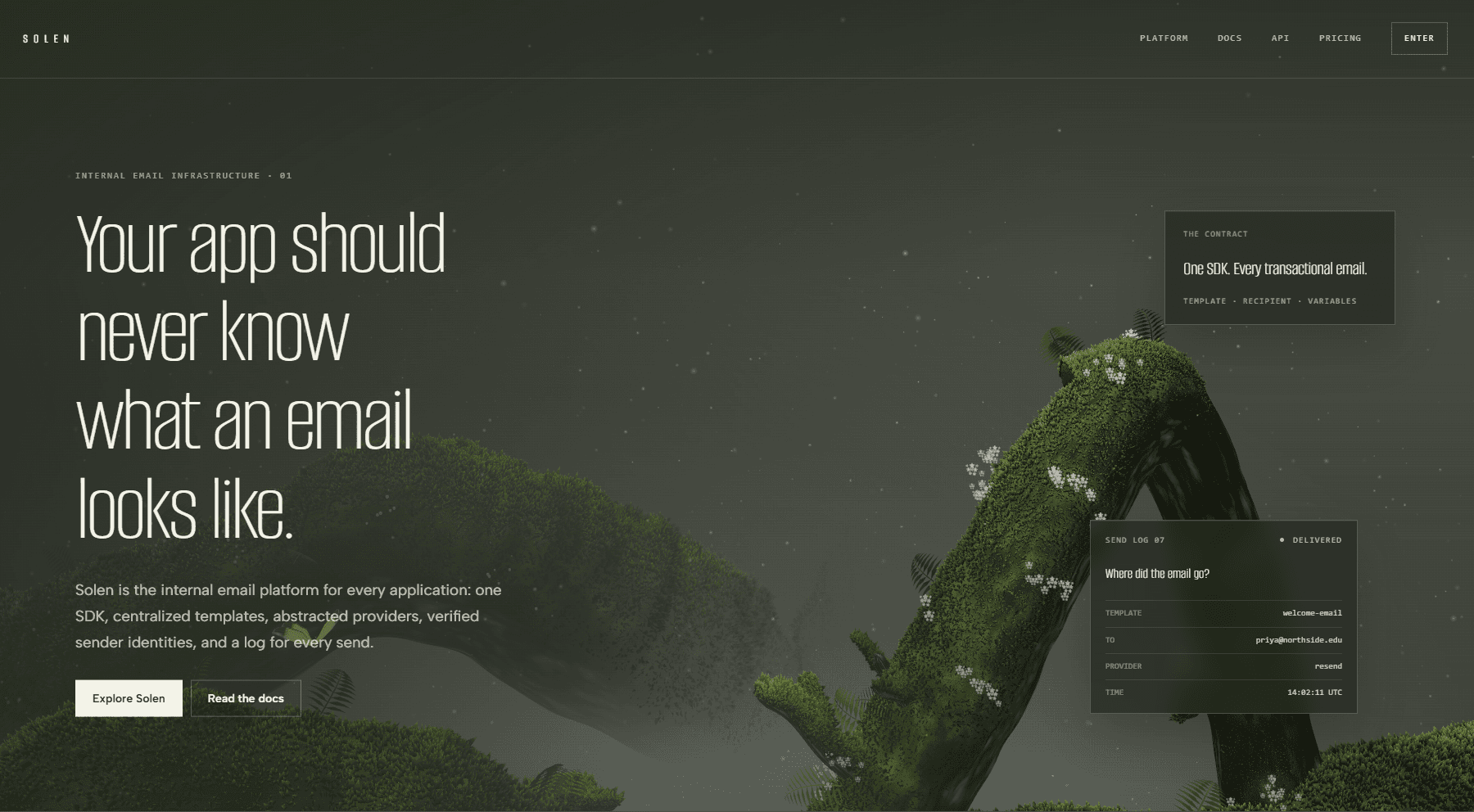 Solen's landing page, headlined "Your app should never know what an email looks like", with a send log showing a delivered welcome email.